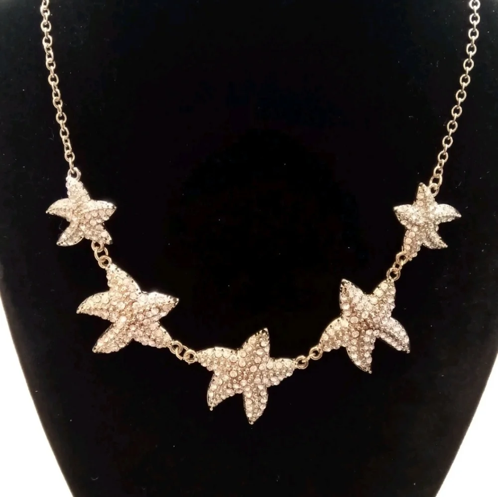 Traci Lynn"Sea Stars"Rhinestone Studded StarFish GoldTone Statement Necklace - Picture 5 of 9